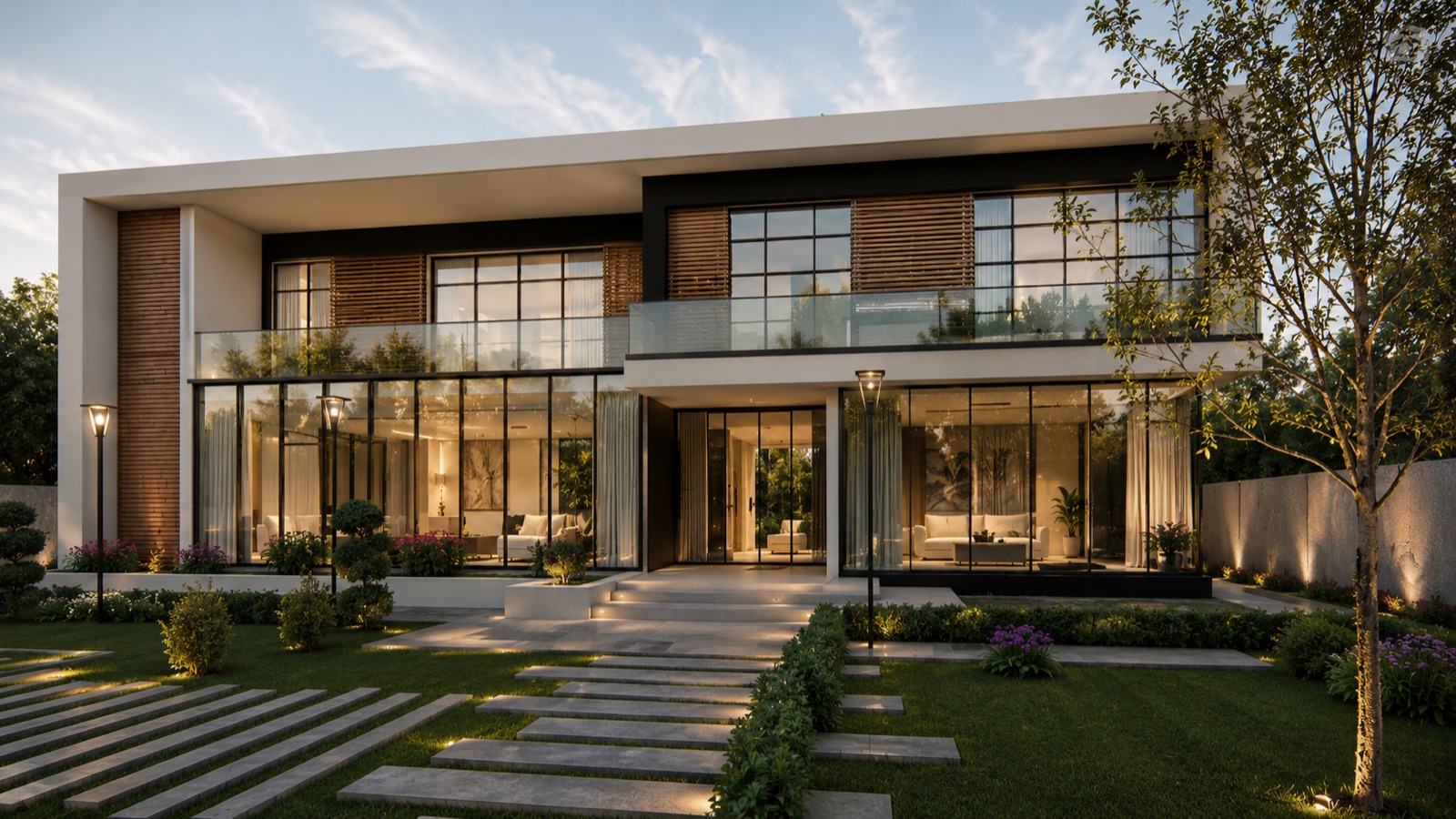AAM Villa, a contemporary white villa with wide glass facades and wood louvres, warmly lit at dusk